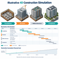 Illustrative 4D construction simulation showing staged building progress, scheduling, and cost planning