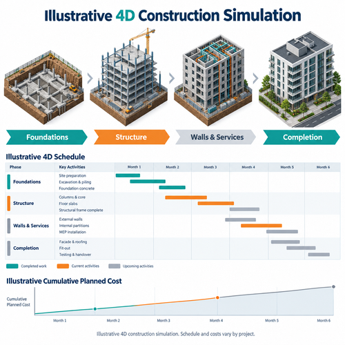 Illustrative 4D construction simulation showing staged building progress, scheduling, and cost planning